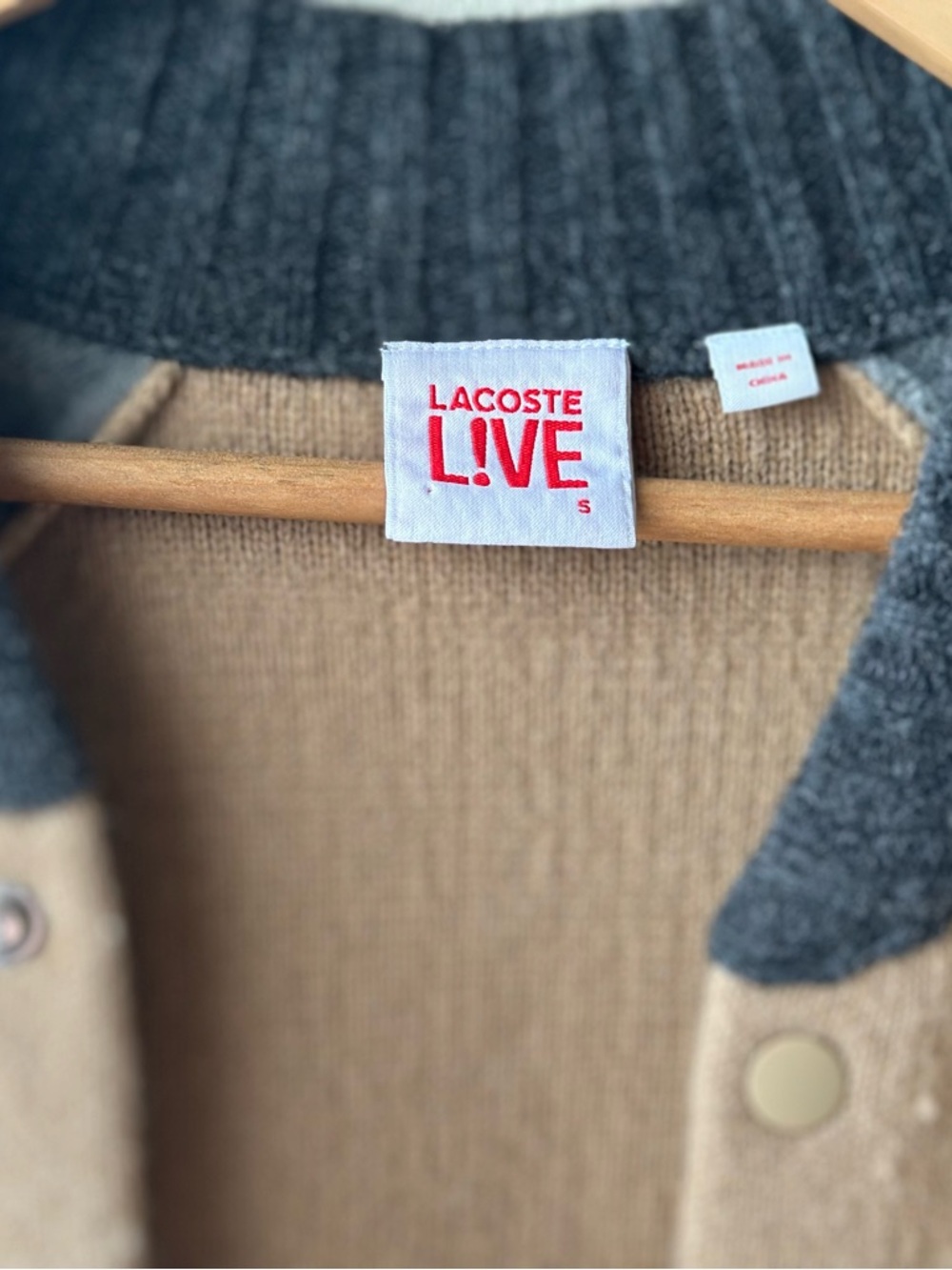 Lacoste L!VE Wool Varsity Men’s Cardigan Jacket - Tan & Gray - Picture 4 of 9